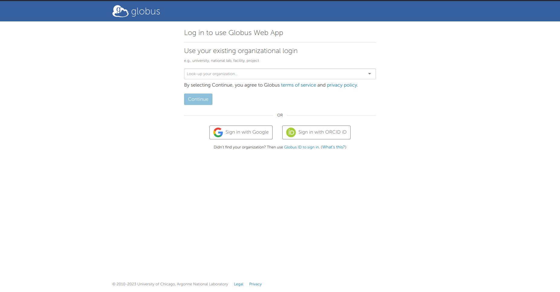 A screenshot of the Globus webpage