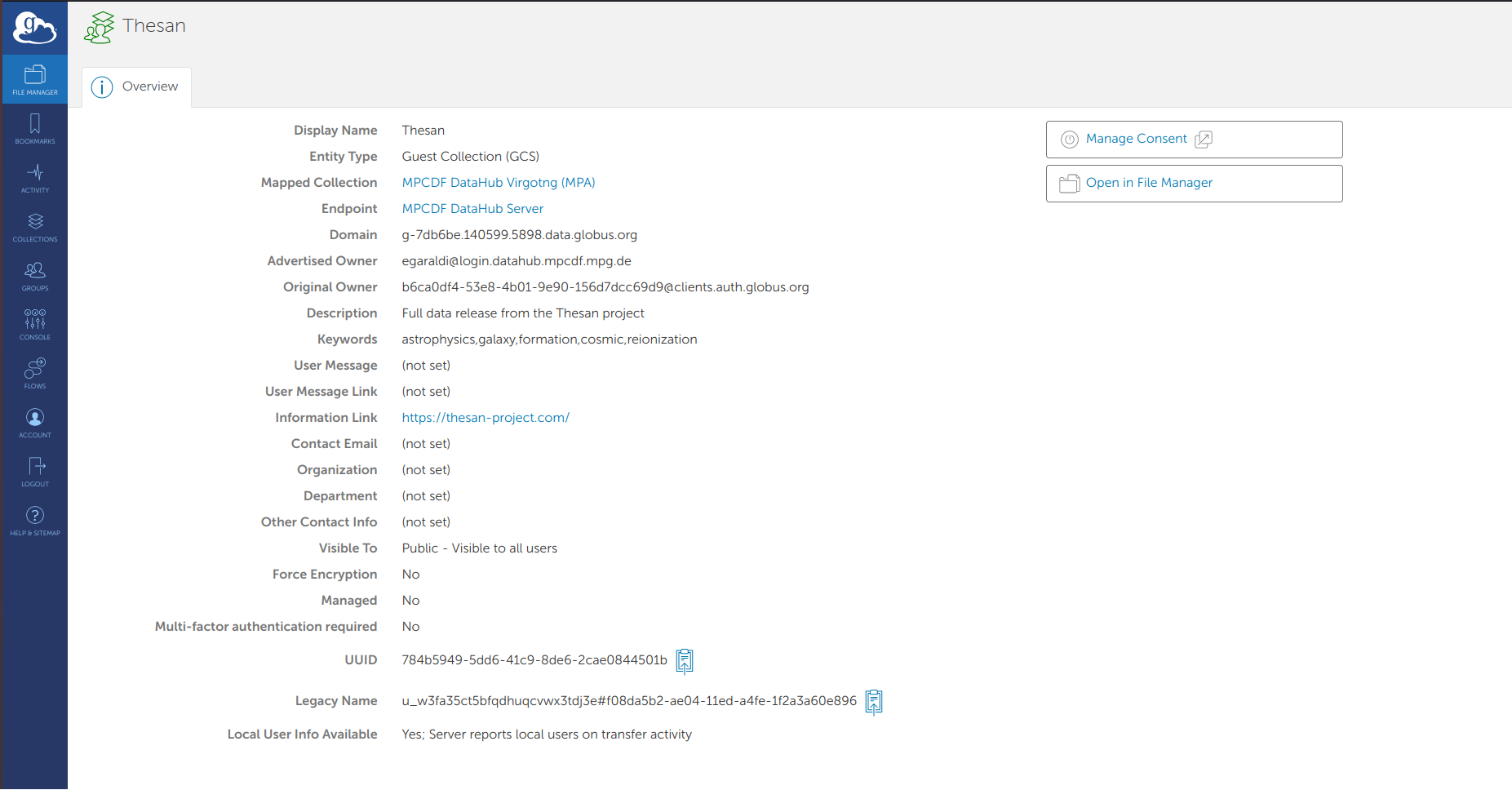 A screenshot of the Globus webpage